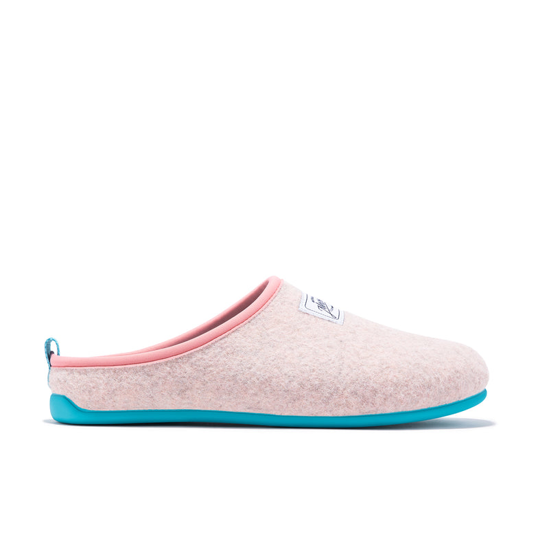 Women's Mercredy Wool Mule Slippers with a Rubber Sole, made from Recycled Plastic Bottles, Pink upper & Turquoise sole.