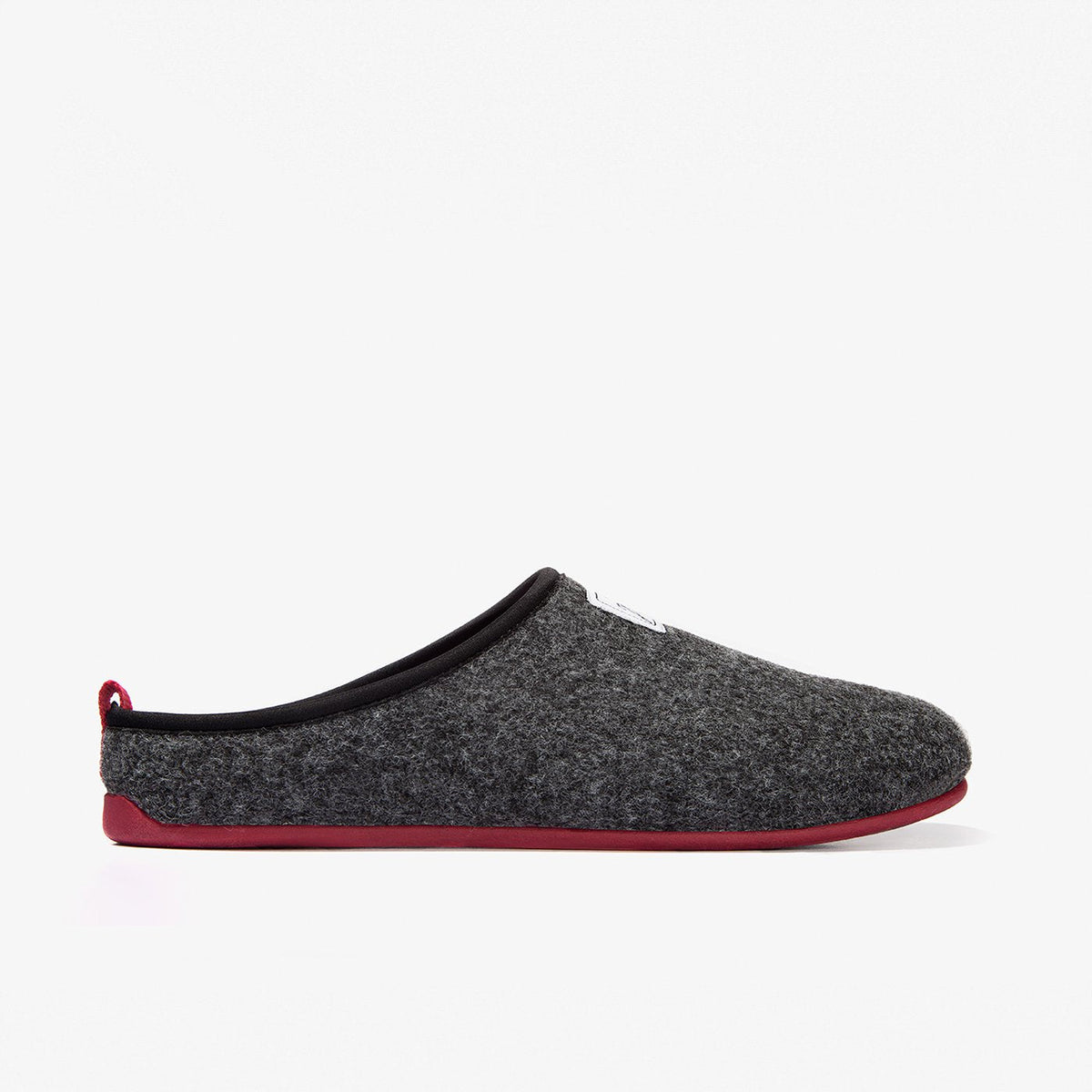 Men's Mercredy Wool Slippers with a Rubber Sole, made from Recycled Plastic Bottles, Black upper & Burgundy sole.