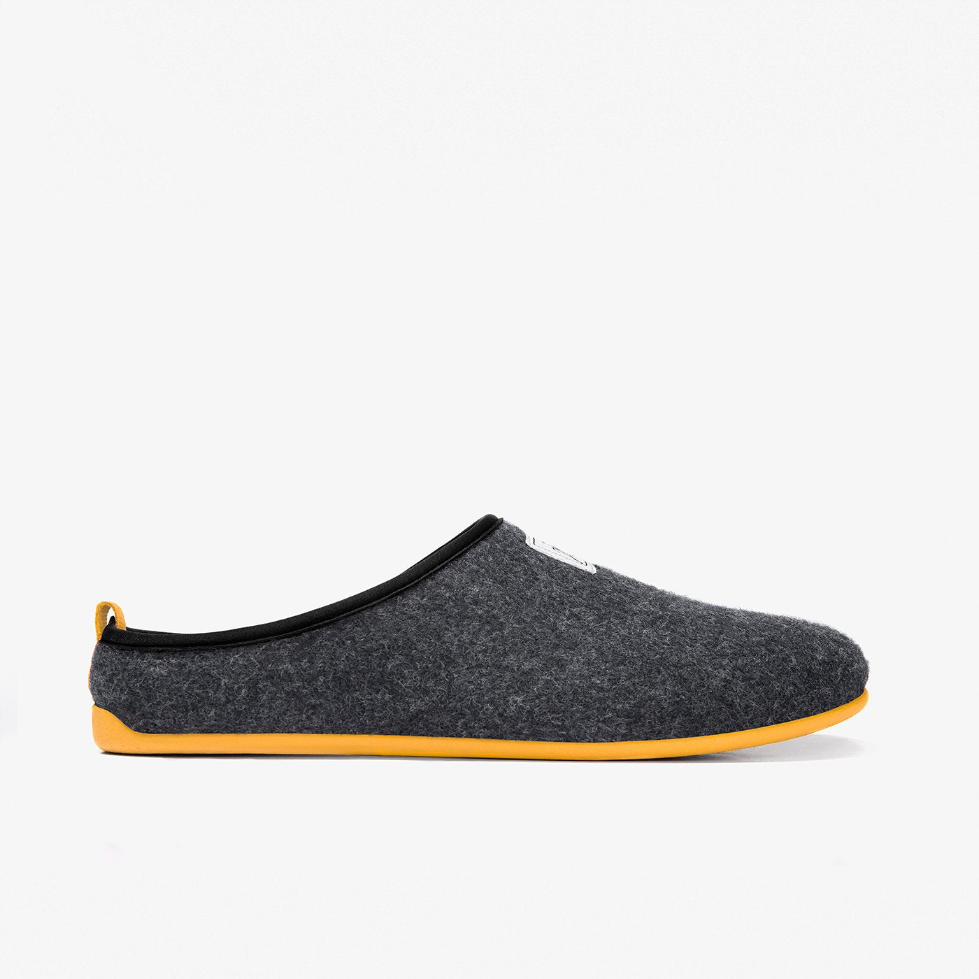 Men's Mercredy Wool Slippers with a Rubber Sole, made from Recycled Plastic Bottles, Black upper & Yellow sole.