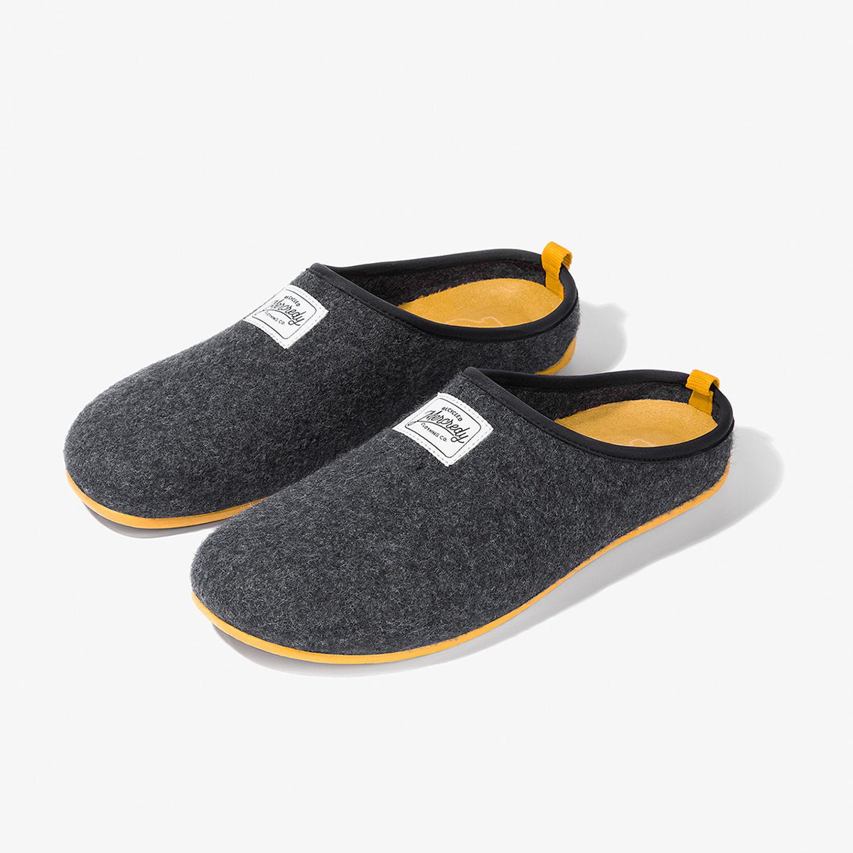 Men's Mercredy Wool Slippers with a Rubber Sole, made from Recycled Plastic Bottles, Black upper & Yellow sole.