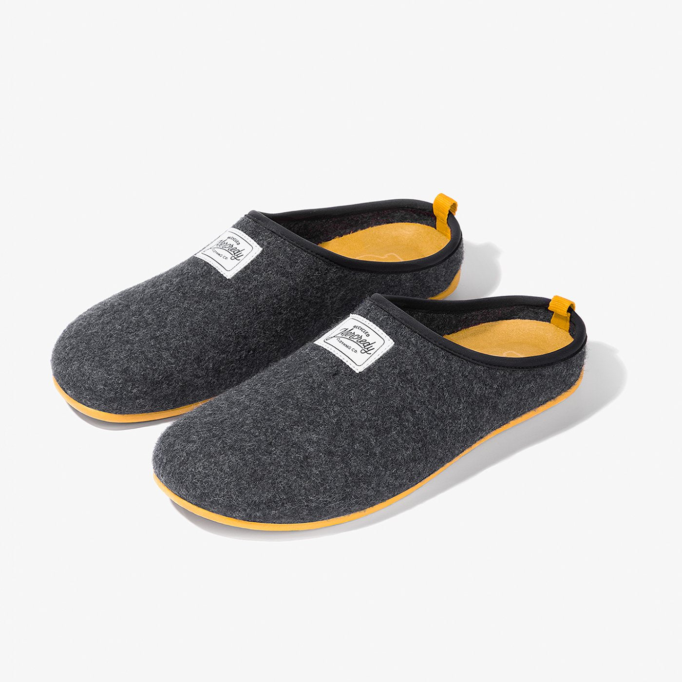 Men's Mercredy Wool Slippers with a Rubber Sole, made from Recycled Plastic Bottles, Black upper & Yellow sole.