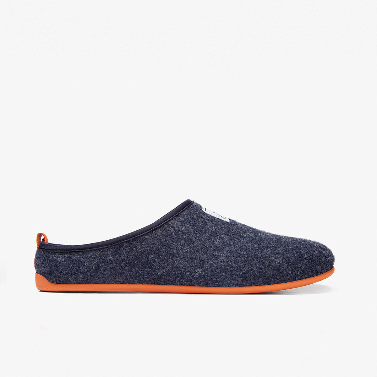 Men's Mercredy Wool Slippers with a Rubber Sole, made from Recycled Plastic Bottles, Navy upper & Orange sole.