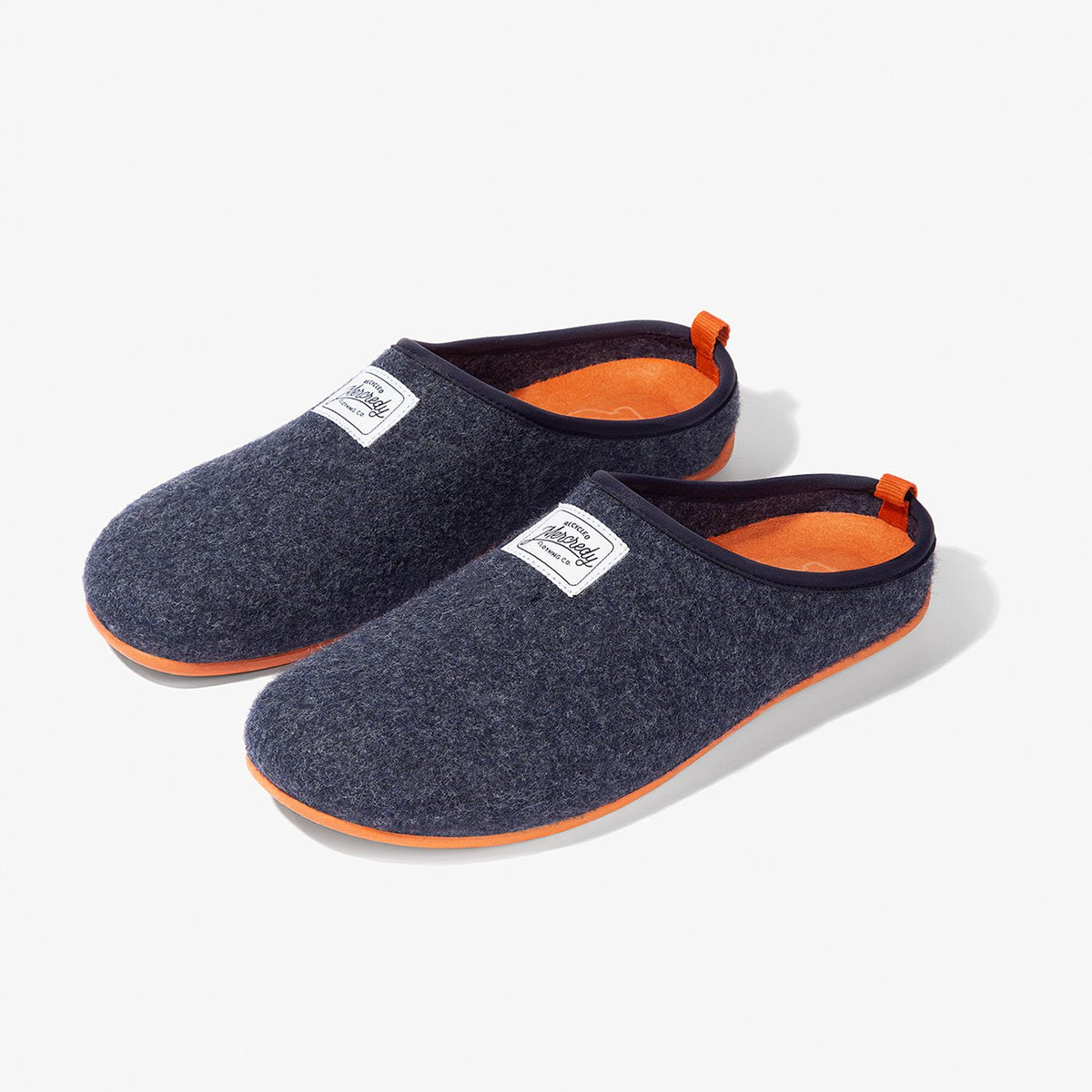 Men's Mercredy Wool Slippers with a Rubber Sole, made from Recycled Plastic Bottles, Navy upper & Orange sole.