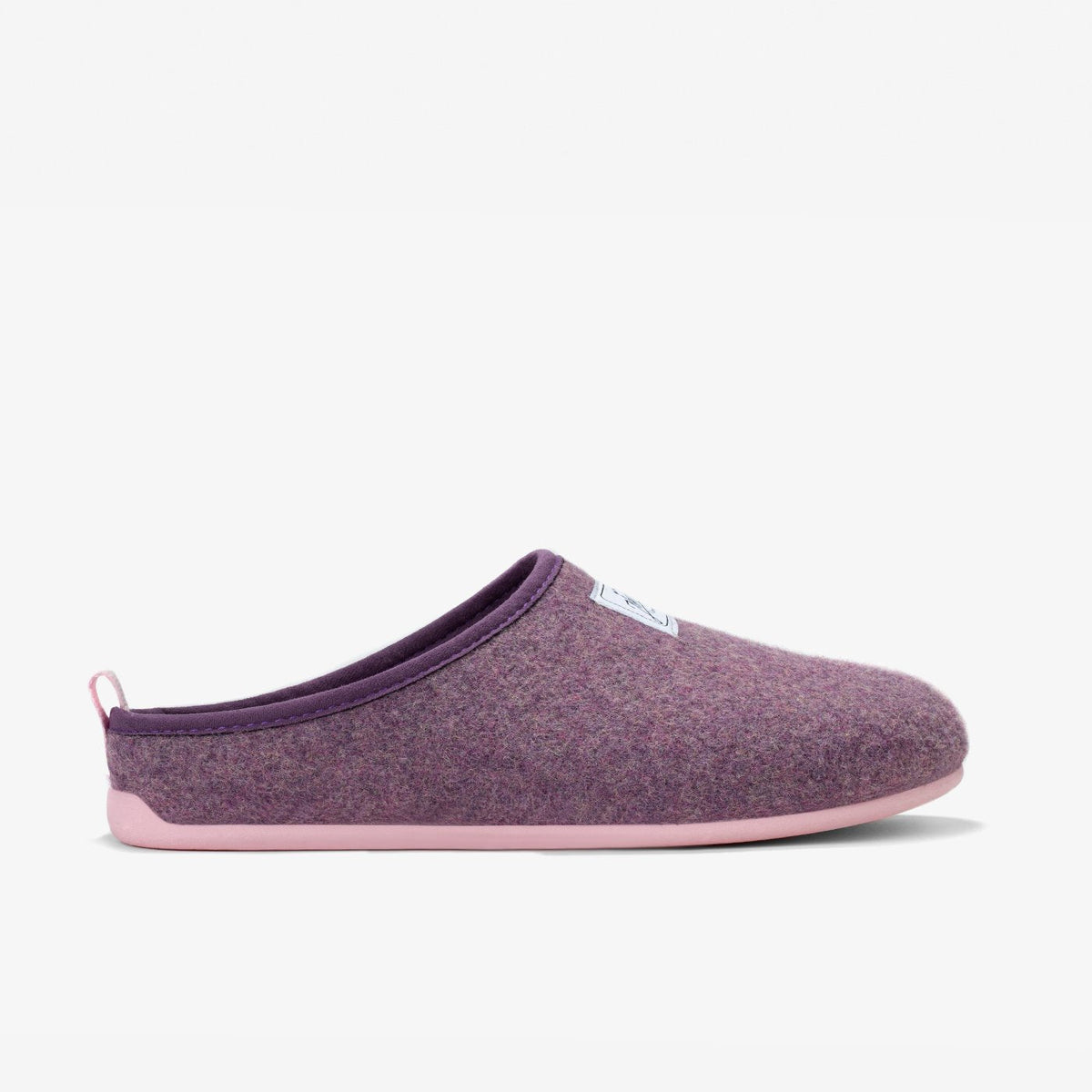 Women's Mercredy Wool Slippers with a Rubber Sole, made from Recycled Plastic Bottles, Lavender upper & Pink sole.