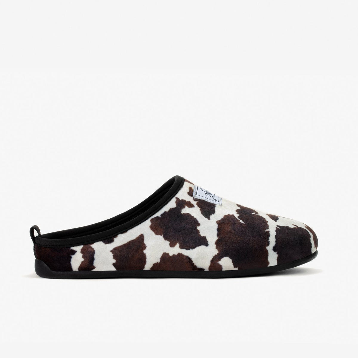 Women's Mercredy Wool Slippers with a Rubber Sole, made from Recycled Plastic Bottles, Cow Print Fabric Upper