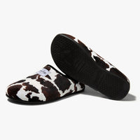 Women's Mercredy Wool Slippers with a Rubber Sole, made from Recycled Plastic Bottles, Cow Print Fabric Upper