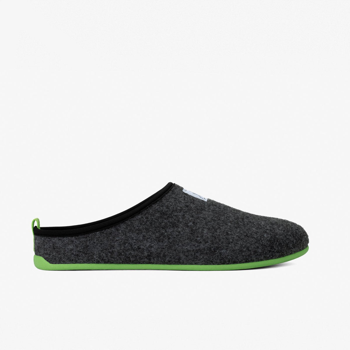 Men's Mercredy Wool Slippers with a Rubber Sole, made from Recycled Plastic Bottles, Black upper & Green sole.