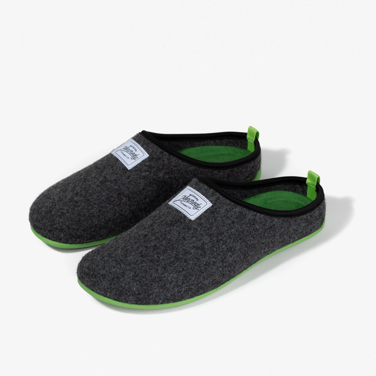 Men's Mercredy Wool Slippers with a Rubber Sole, made from Recycled Plastic Bottles, Black upper & Green sole.